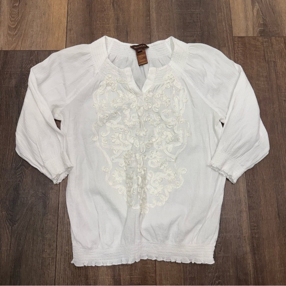 Multiples cotton white summer embroidered smocked blouse